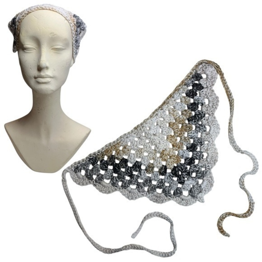 Crochet Triangle Scarf Bandana in Neutral Tones Handcrafted Cotton Handmade Boho